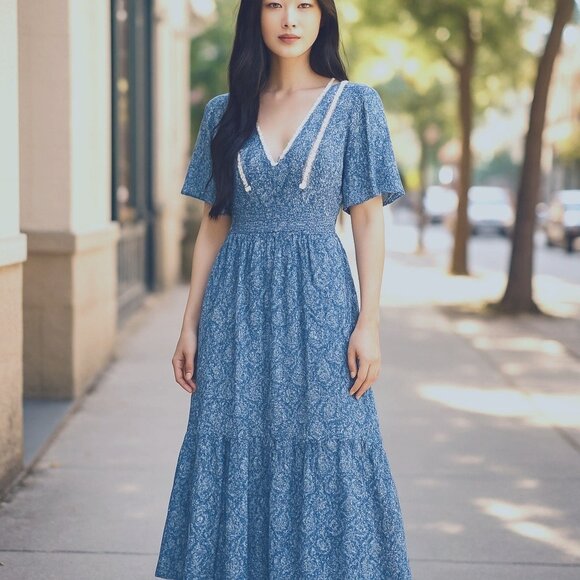 Zara Sz M Blue Floral Print Crochet Tiered Skirt Flutter Sleeves Maxi Dress EUC - Picture 1 of 14
